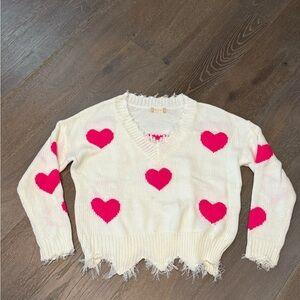 Altar'd State Cream V-Neck Sweater with Pink Hearts
